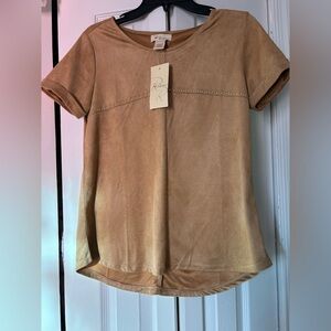 Rae Republic brownish blouse, gold beads in a vertical and horizontal pattern